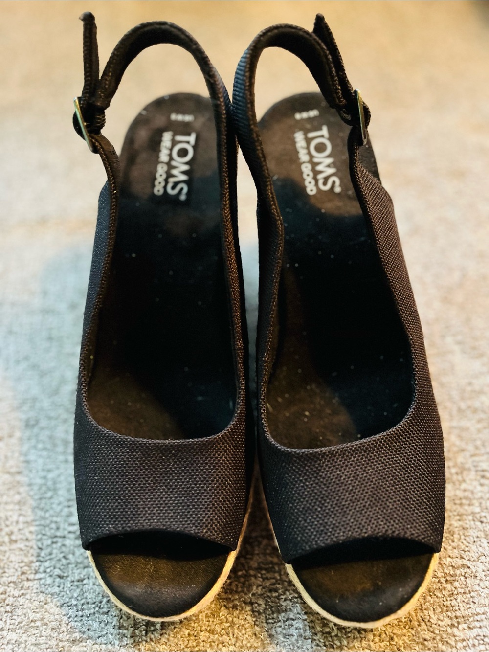 TOMS Camilla Slingback Espadrille Peep Toe Platform Wedge Sandal in Black Size 8 - Picture 3 of 5